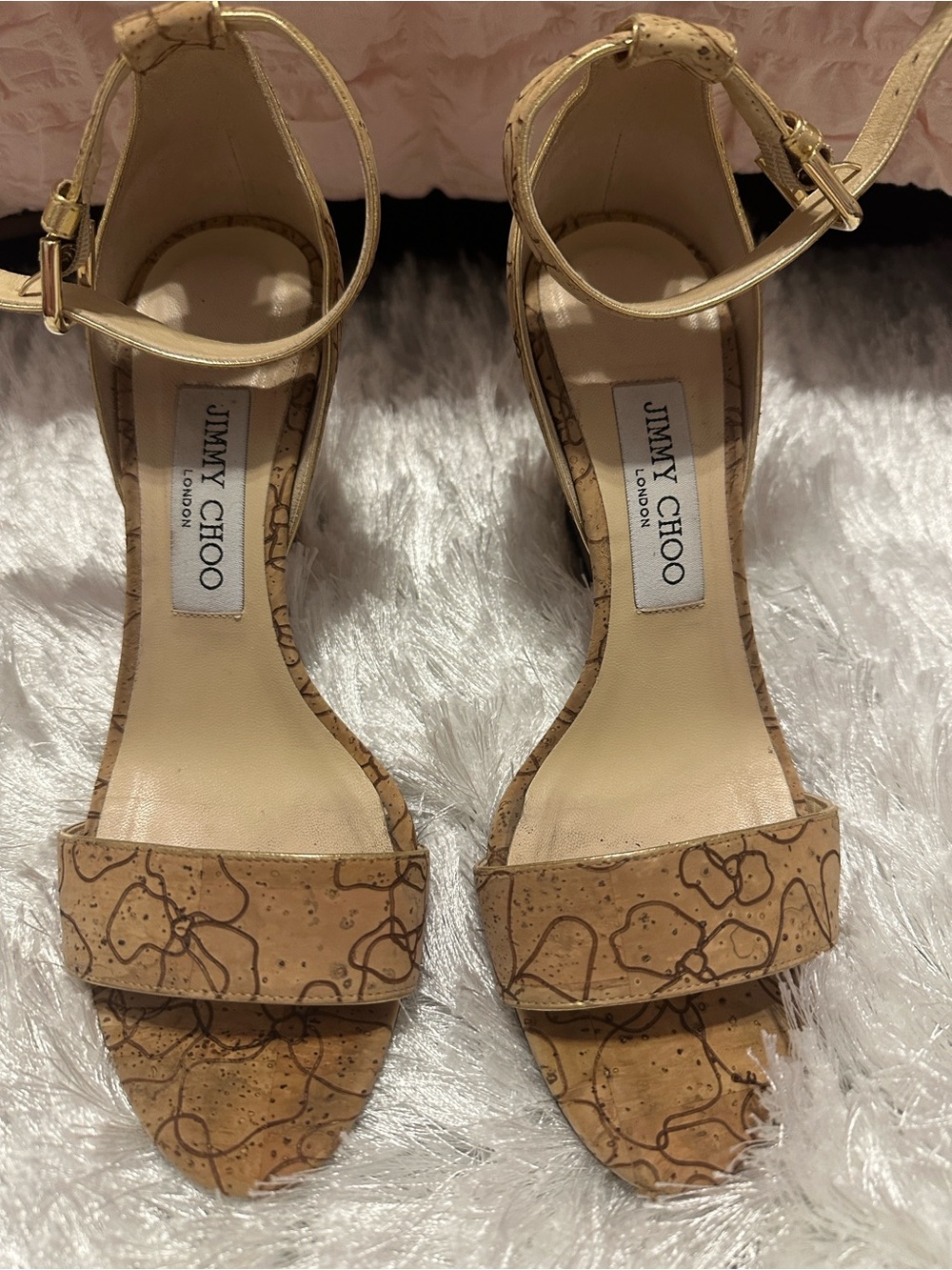 Jimmy Choo Tan Cork Floral Ankle-Strap Heels
